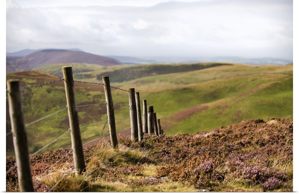 Photograph of a fence running though rolling hills in an Edinburgh countryside, Scotland, UK