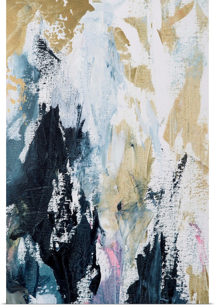 Complementary abstract painting in textured vertical strokes of blue, pink and gold.