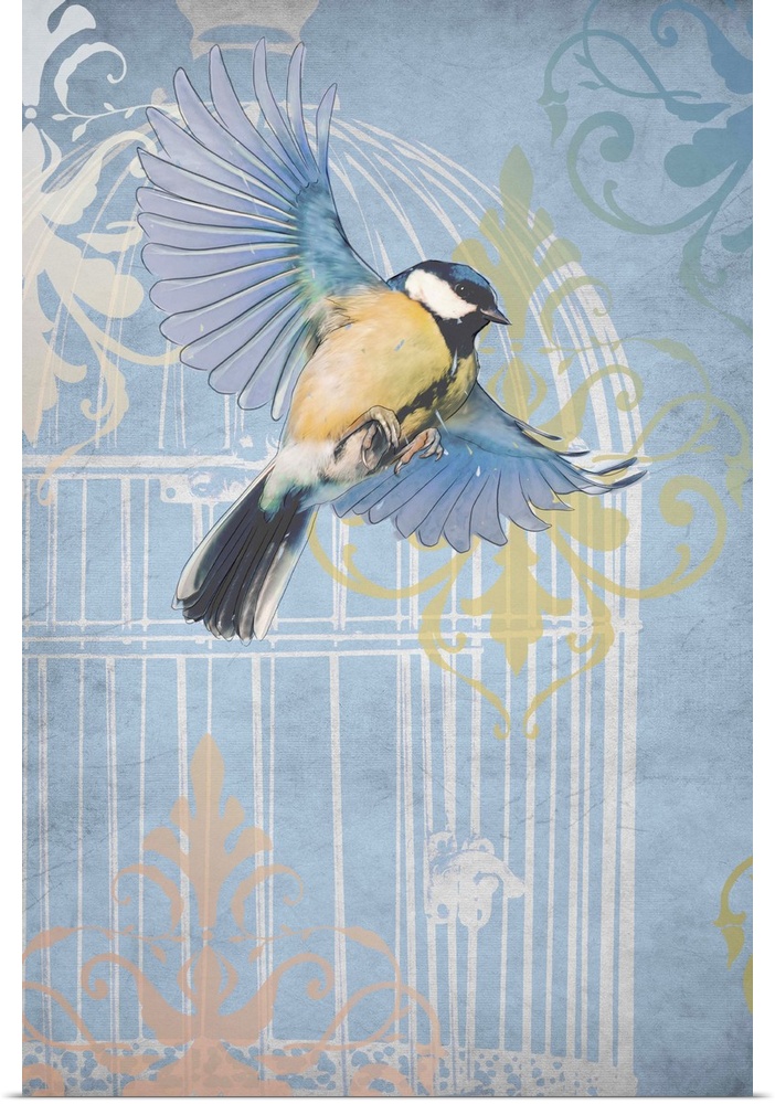 A Blue Tit in flight over a pastel image of a cage and vintage flourishes.