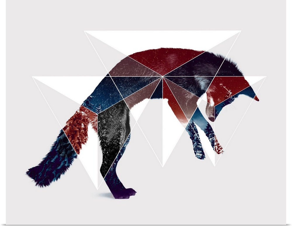 Double exposure artwork of a jumping fox and triangular shapes.