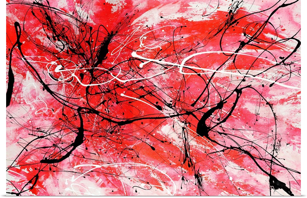 Energetic contemporary painting of energetic red brushstrokes and sporadic black and white lines in a style inspired by th...