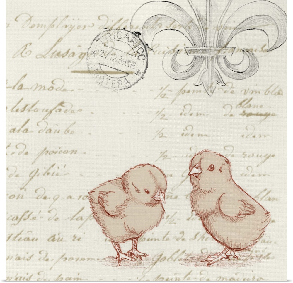 Vintage style artwork of a two chicks over script text with a Fleur de Lis.