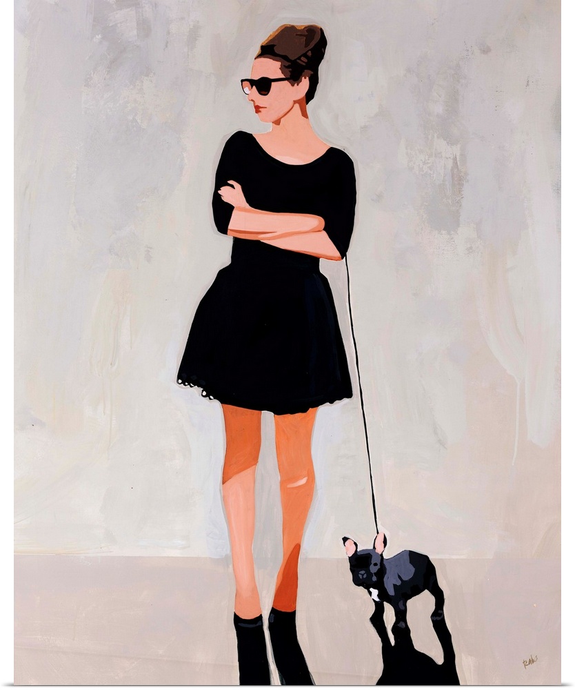 Contemporary portrait of a fashionable woman walking her French bulldog in front of a neutral background.