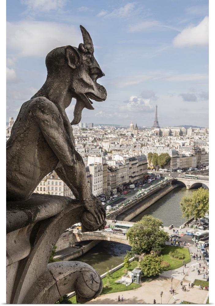 Close-up photograph of a gargoyle looking over Paris.