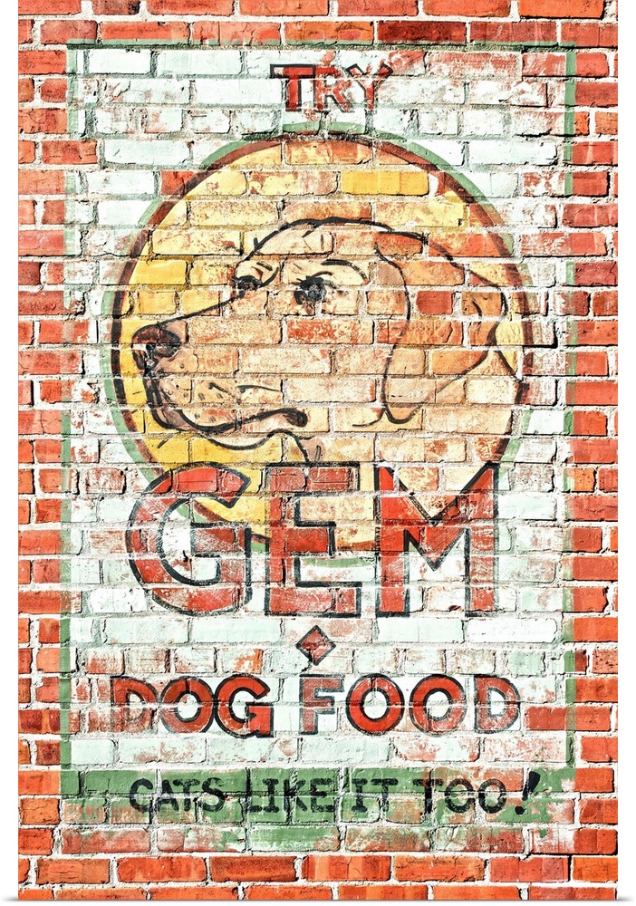 Advertisement for dog food painting on a brick wall, American Tobacco Historic District, Durham, North Carolina.