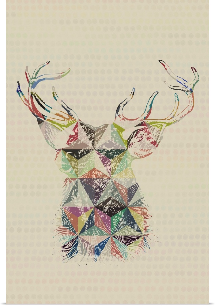 A vintage sketch drawing of a deer  with triangular geometric colored pencil accents.