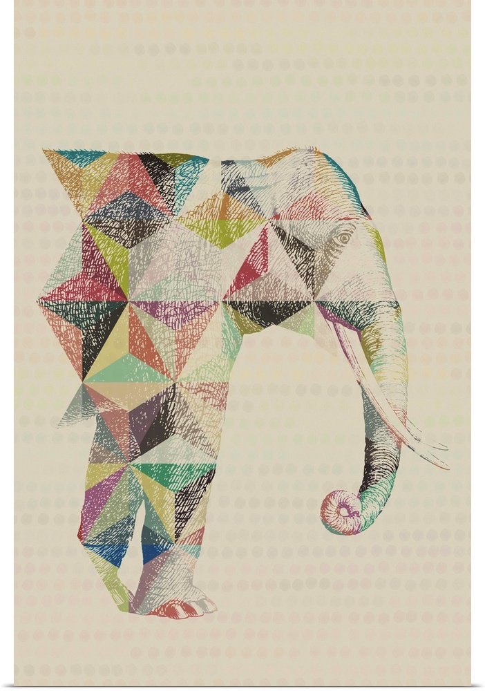 A vintage sketch drawing of an elephant with triangular geometric colored pencil accents.