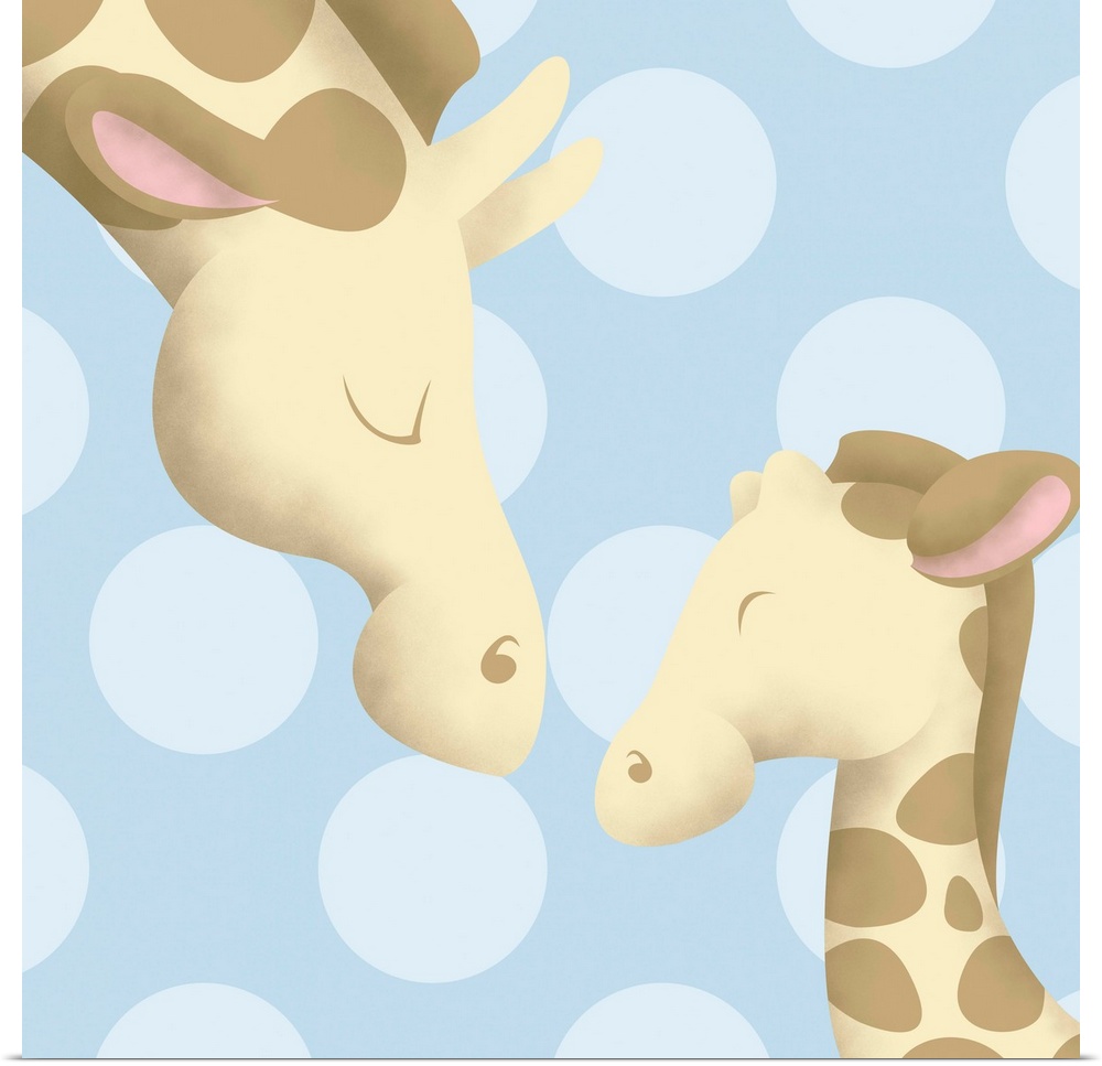 Nursery art of a mother giraffe and her baby on a blue polka-dot background.