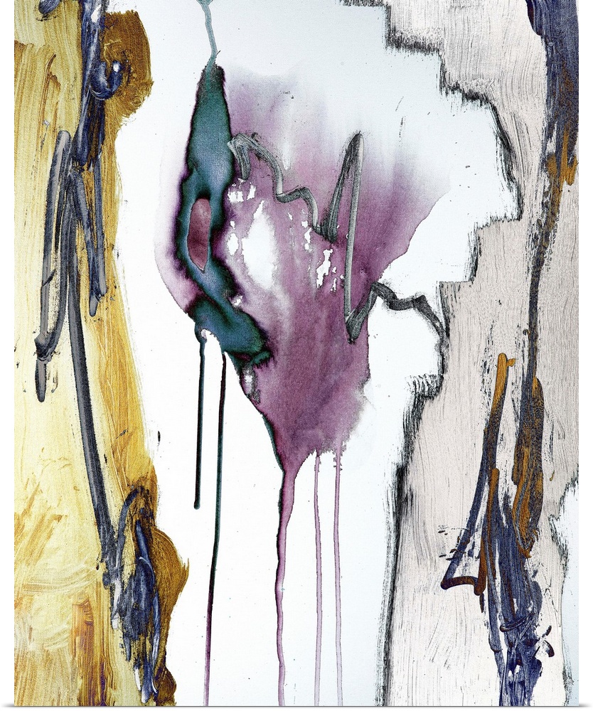 Abstract painting in textured colors of yellow, purple and gray with outlines of black and vertical drips of paint.