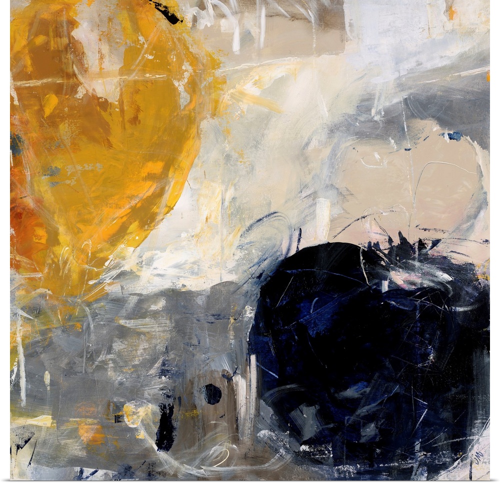 Abstract painting using bold colors forming circles in opposite corners of the image, against a background of earth tones.