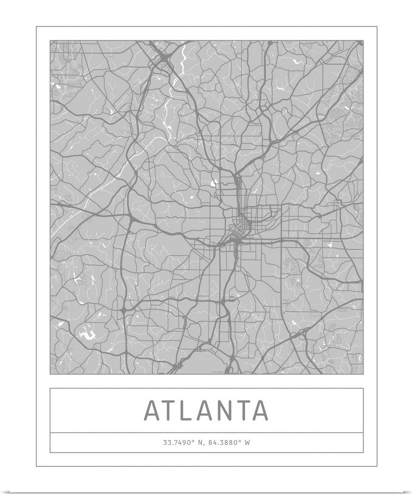 Gray minimal city map of Atlanta, Georgia, USA with longitude and latitude coordinates.