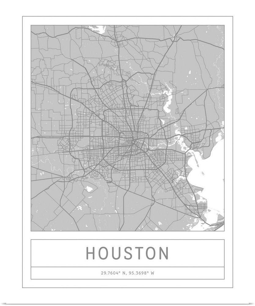 Gray minimal city map of Houston, Texas, USA with longitude and latitude coordinates.