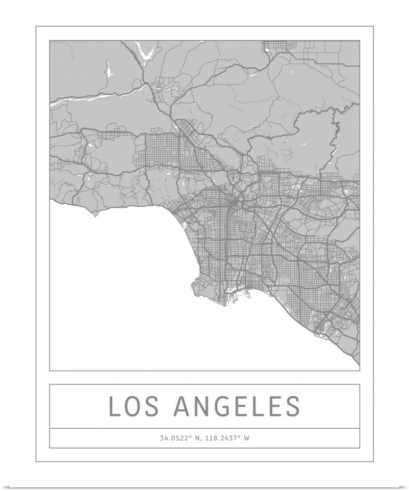Gray minimal city map of Los Angeles, California, USA with longitude and latitude coordinates.