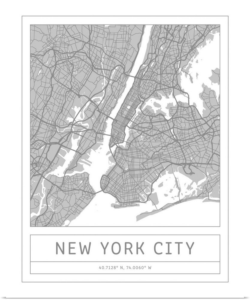 Gray minimal city map of New York City, New York, USA with longitude and latitude coordinates.