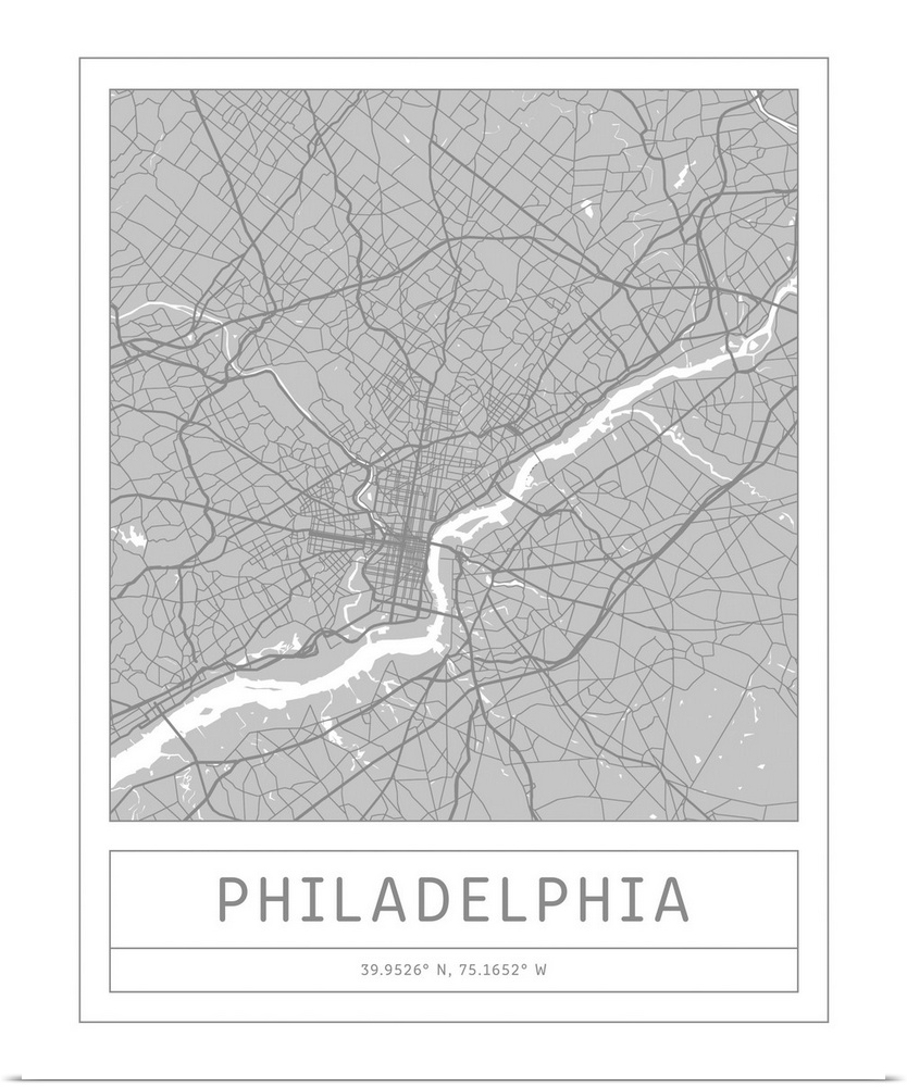 Gray minimal city map of Philadelphia, Pennsylvania, USA with longitude and latitude coordinates.