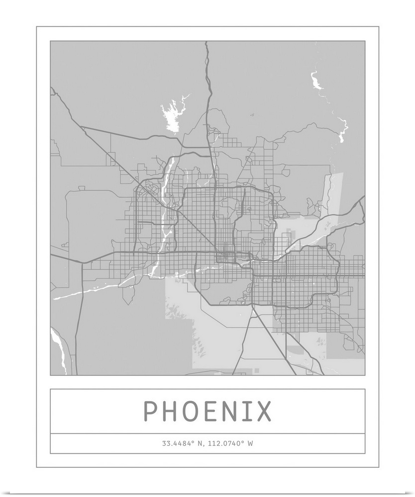 Gray minimal city map of Phoenix, Arizona, USA with longitude and latitude coordinates.
