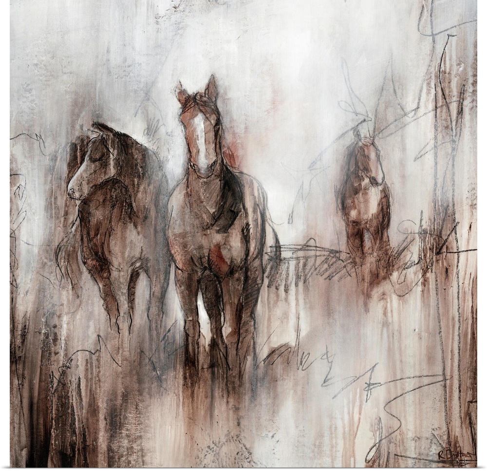Artwork of three horses grazing together in a field of brown on an early foggy morning.