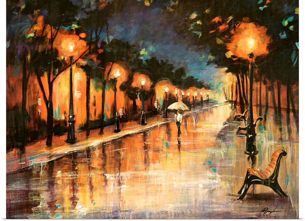 Huge contemporary art focuses on a lone individual carrying an umbrella as raindrops fall on a walkway at night. Lining th...