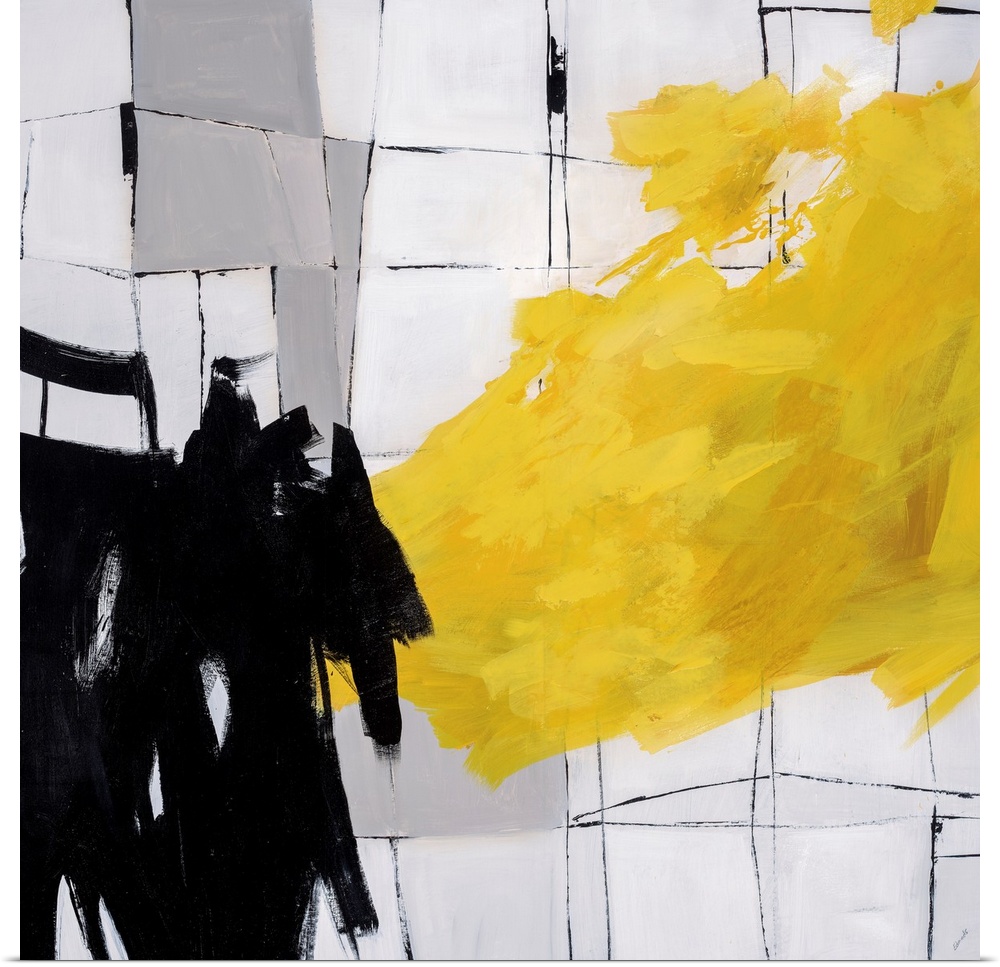 Abstract painting using bright yellow paint strokes and black paint strokes against a cracked tile looking background.