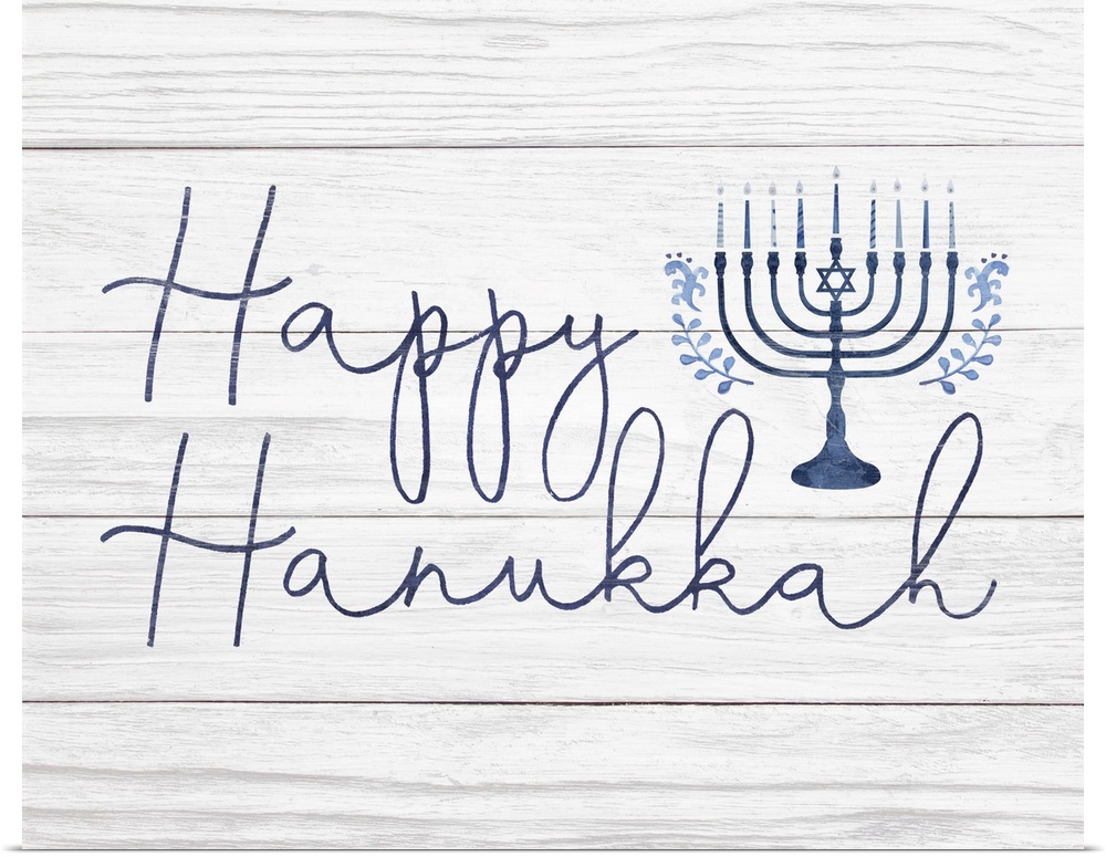 Happy Hanukkah in a hand-written script and blue menorah on a distressed barnwood background.
