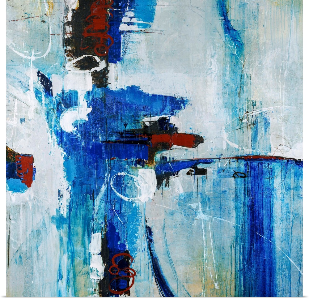 Abstract painting of bright blue brustrokes against a gray-blue background.