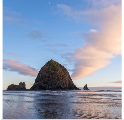 Haystack Rock at Sunset with Moon, Cannon Beach, Oregon - Square