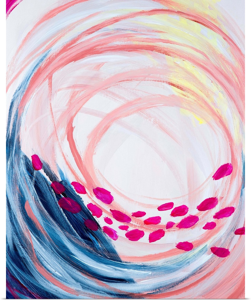 Contemporary abstract painting in vivid rainbow colors, swirling in the center, with a row of pink dots.