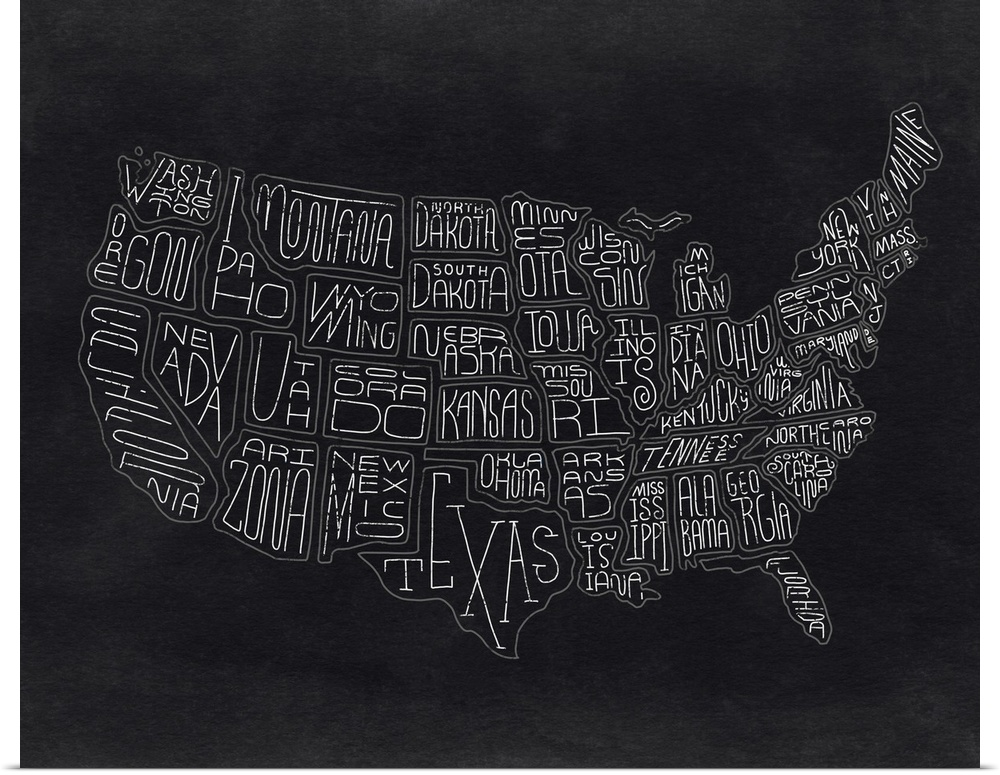 Continental map of the United States with the names of the states in a handwritten style.
