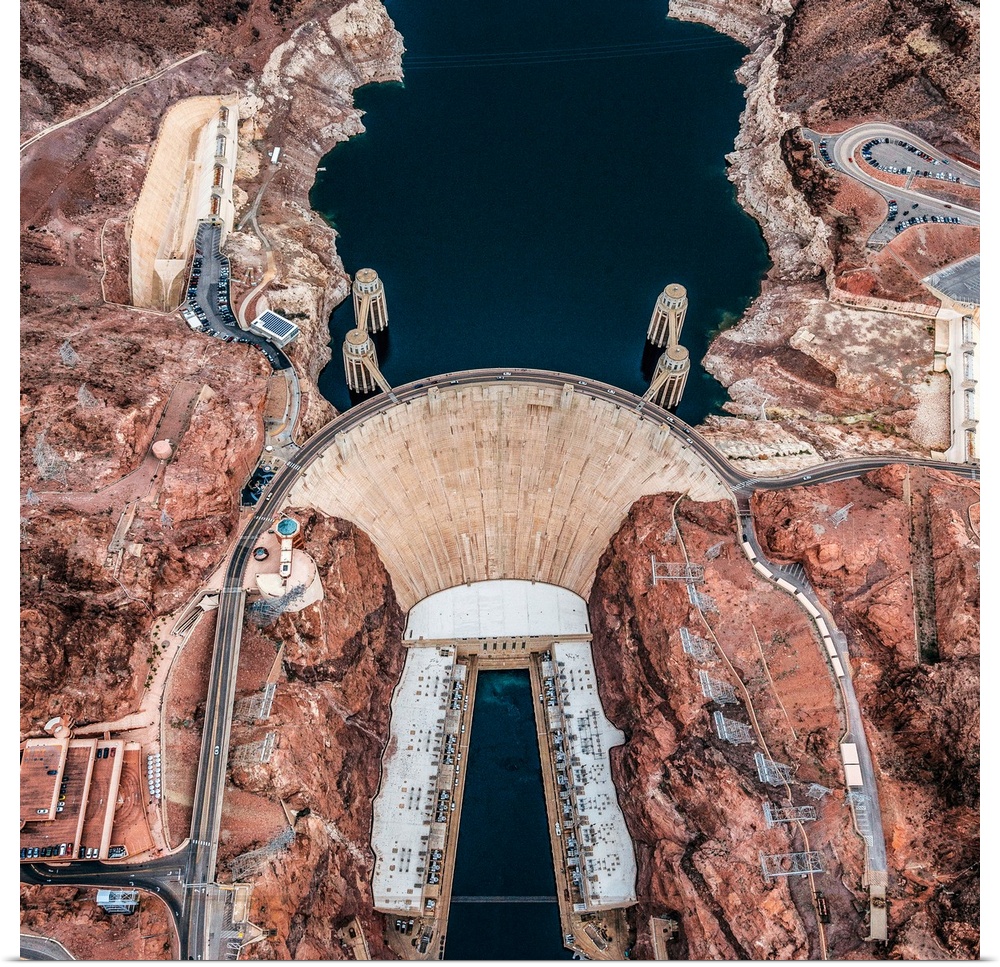 Aerial view of the Hoover Dam holding back the waters of Lake Mead, Arizona.