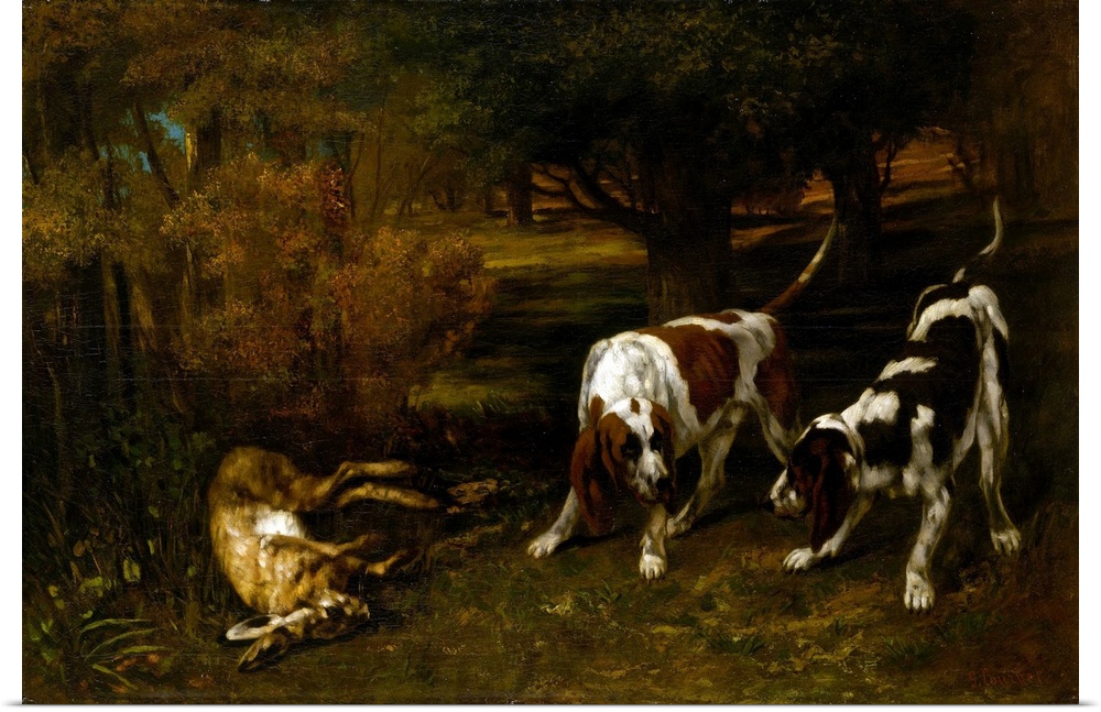 This picture dates to the same year that Courbet debuted his hunting scenes at the Paris Salon of 1857. It invites compari...