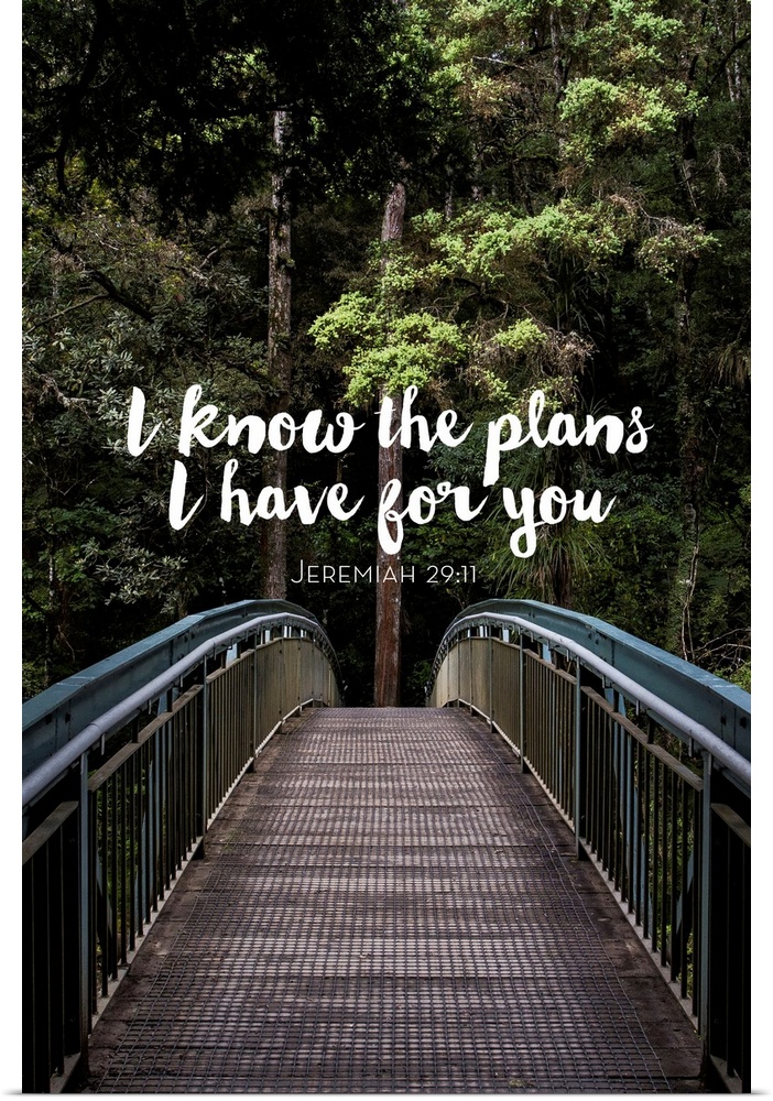 Typography art of a bible verse from Jeremiah 29:11 over an image of a bridge in a forest.