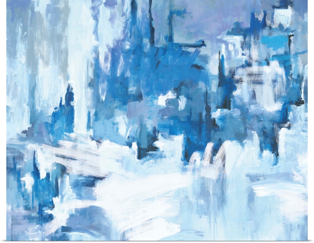 A contemporary abstract painting using multiple tones of blue creating a sort of icy landscape.