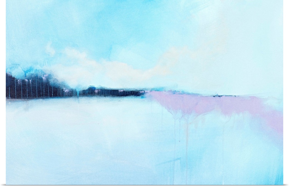 Contemporary abstract painting in light blue and lavender tones,  resembling a field in the winter.