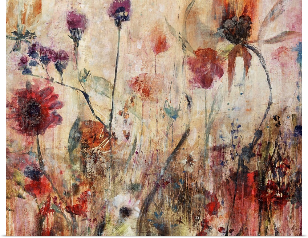 Contemporary abstract painting of wildflowers with grungy textures on canvas.