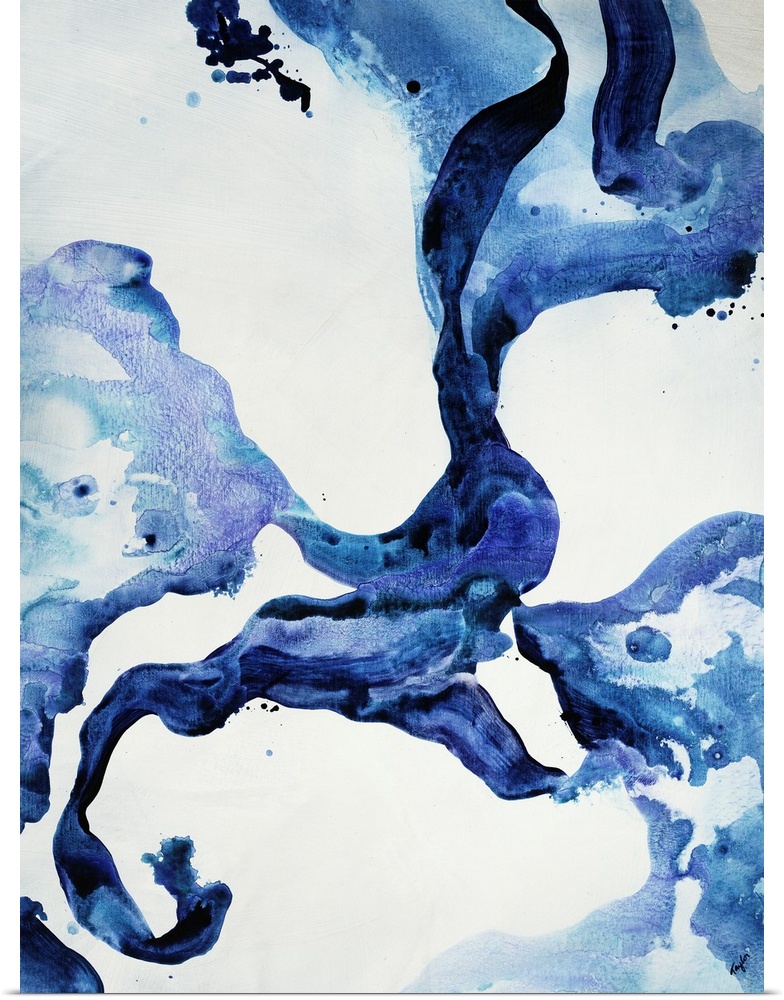 Contemporary abstract painting featuring fluid and curvaceous shapes done in varying shades of indigo blue.