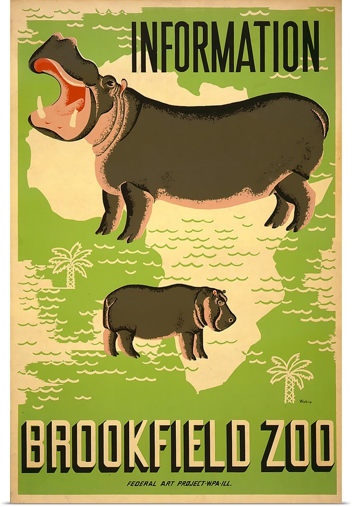 Information, Brookfield Zoo. Poster for the Brookfield Zoo, showing hippopotamuses superimposed over outline of Africa. Li...