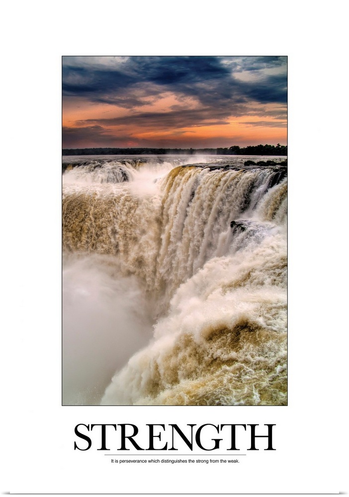 Big, vertical motivational wall hanging of large waterfalls beneath a vibrant sunset.  The image is surrounded by a white ...