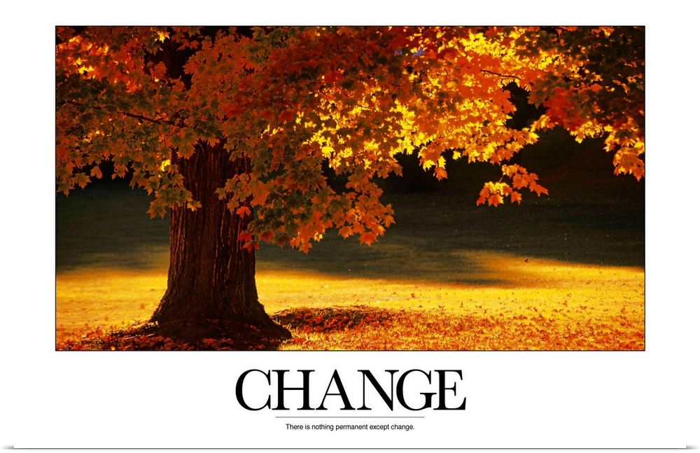 Large inspirational wall art of an autumn tree full of colorful leaves and the word "Change" at the bottom.