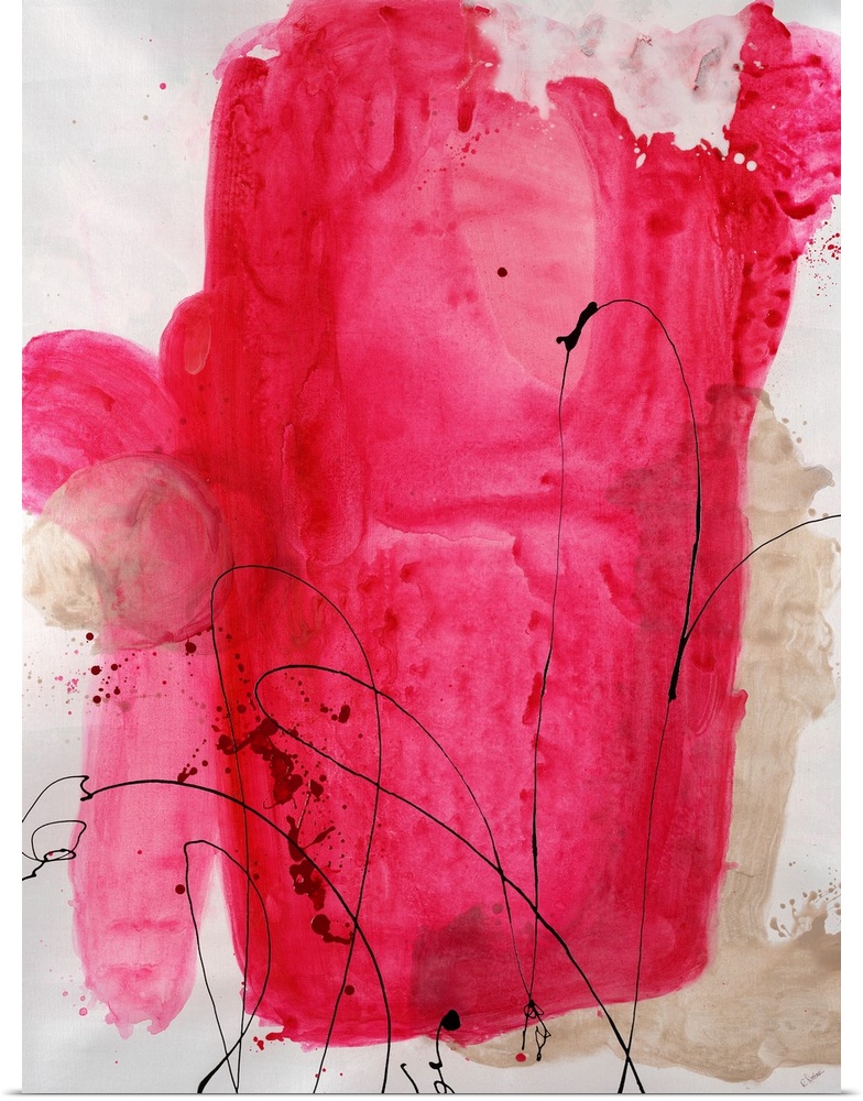 Painting of a large abstract shape in bright pink tones with thin, swirling lines of paint that appear to have be dripped ...