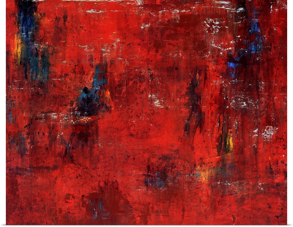 Abstract painting featuring shades of red and maroon with swipes of blue and yellow.