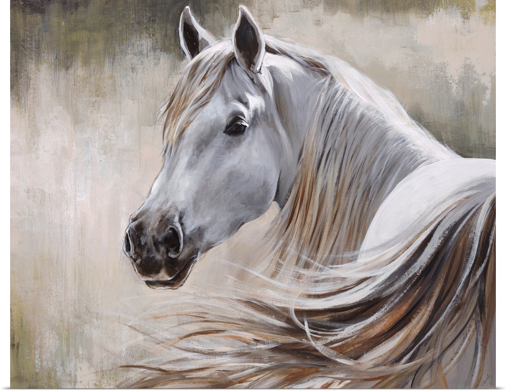 Contemporary painting of a white horse and its flowing mane in front of a neutral background.