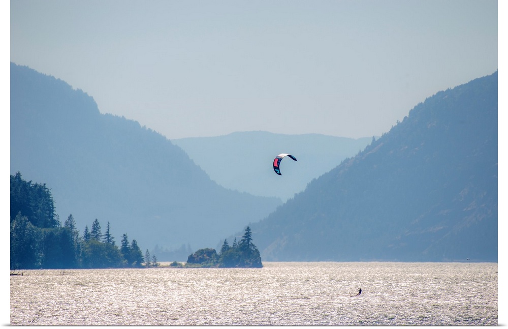 View of a kitesurfer on Columbia River in Portland, Oregon.