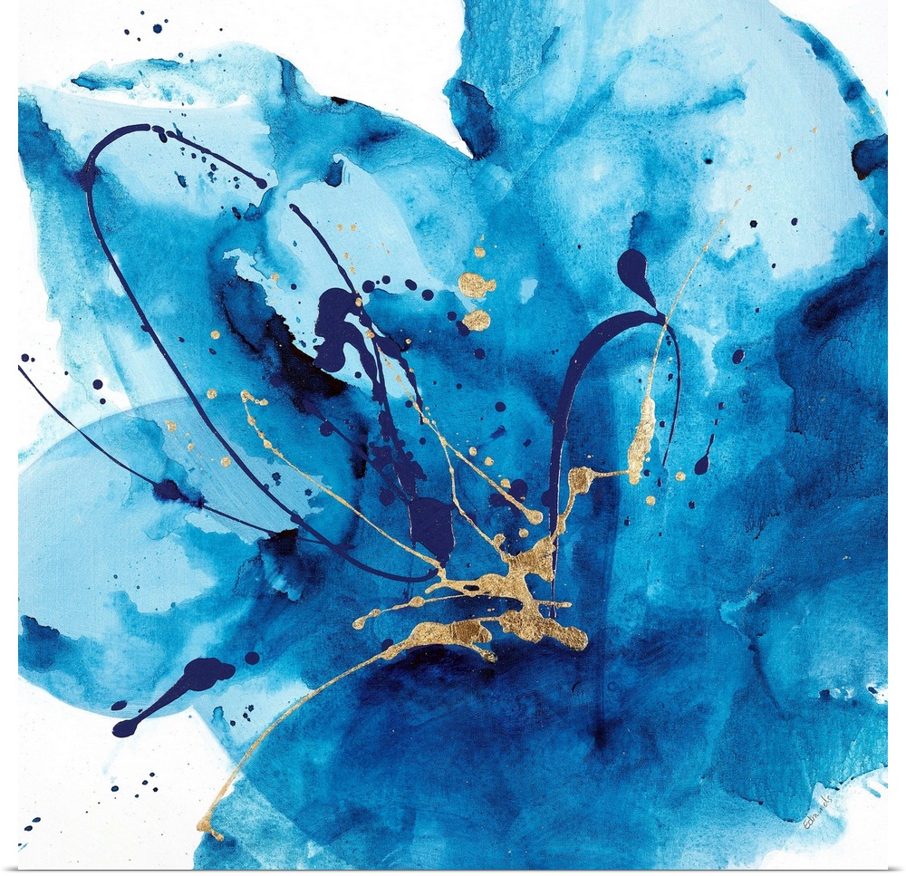 Contemporary abstract painting using a splash of vibrant blue against a white background.