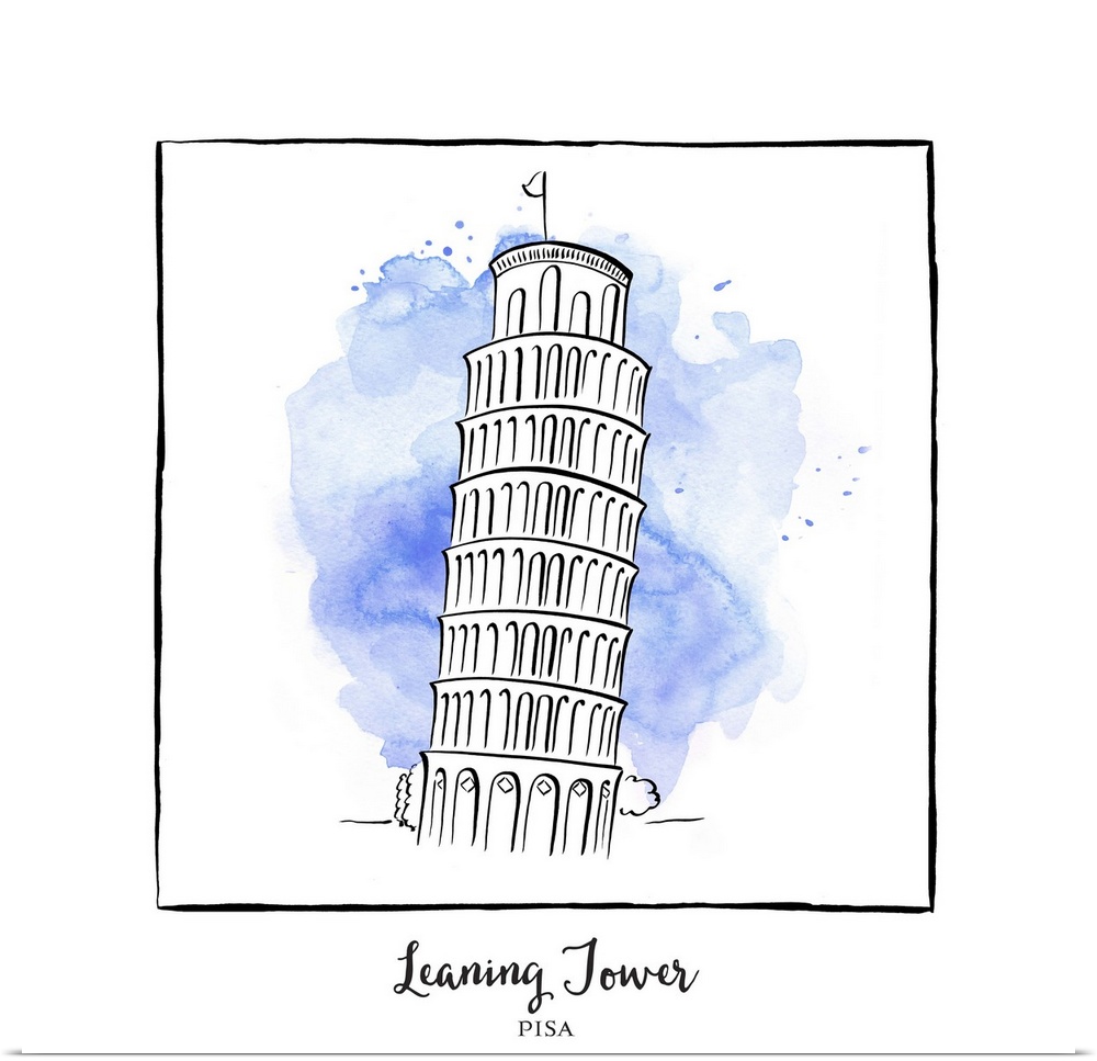 An ink illustration of the Leaning Tower of Pisa, Italy, with a blue watercolor wash.