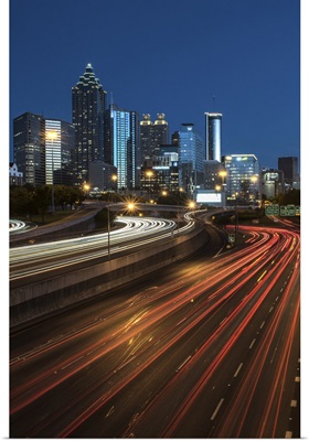 Light trails leading into Atlanta, Georgia, at night