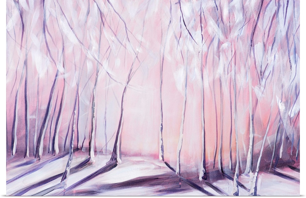 Contemporary painting of a forest in the winter in lavender tones.