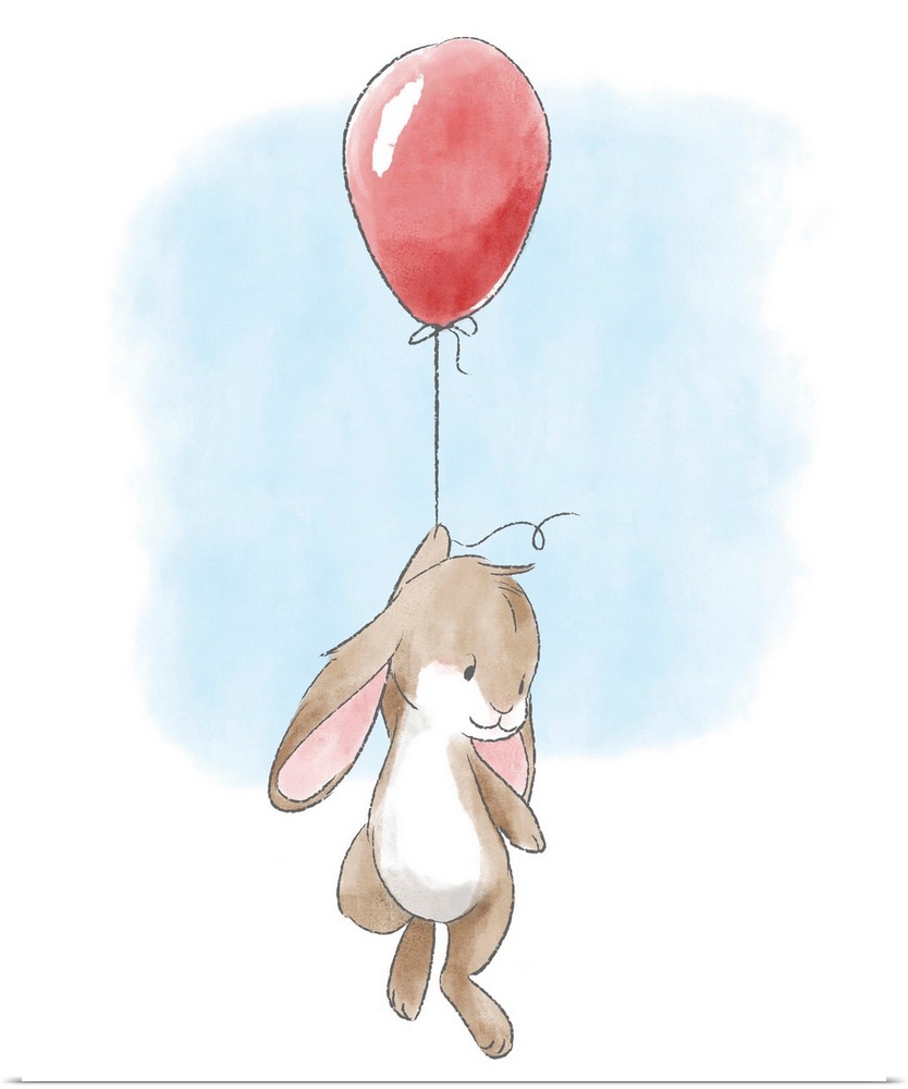 Watercolor nursery illustration of a brown bunny hanging onto a red balloon.