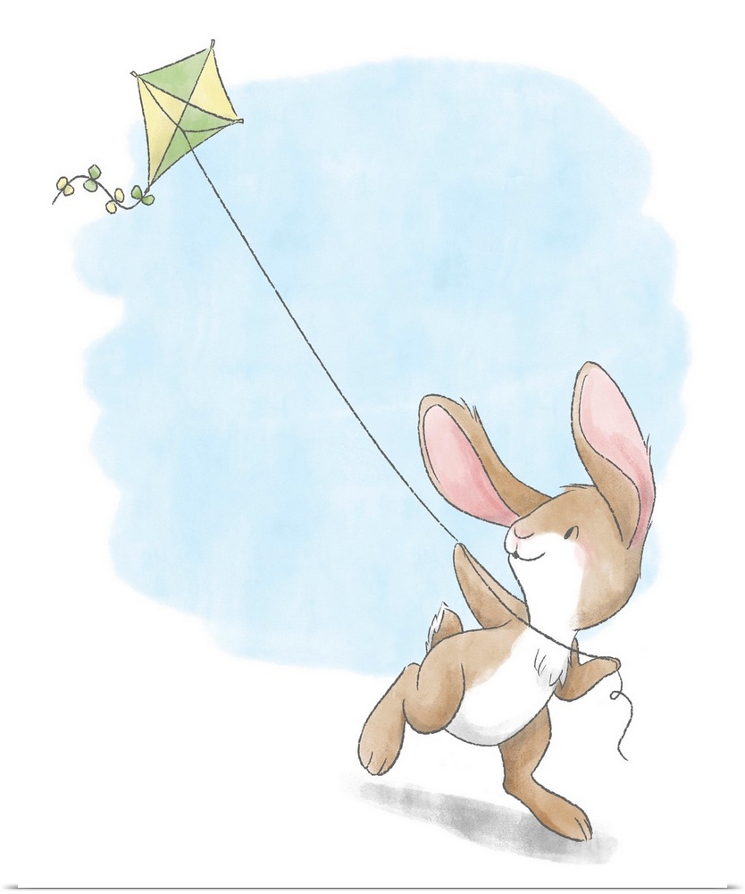 Watercolor nursery illustration of a brown bunny flying a green and yellow kite.