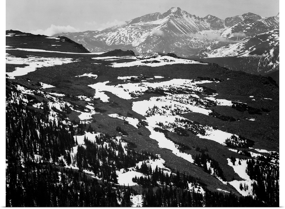 Long's Peak, Rocky Mountain National Park, panorama of plateau, snow covered mountain in background.