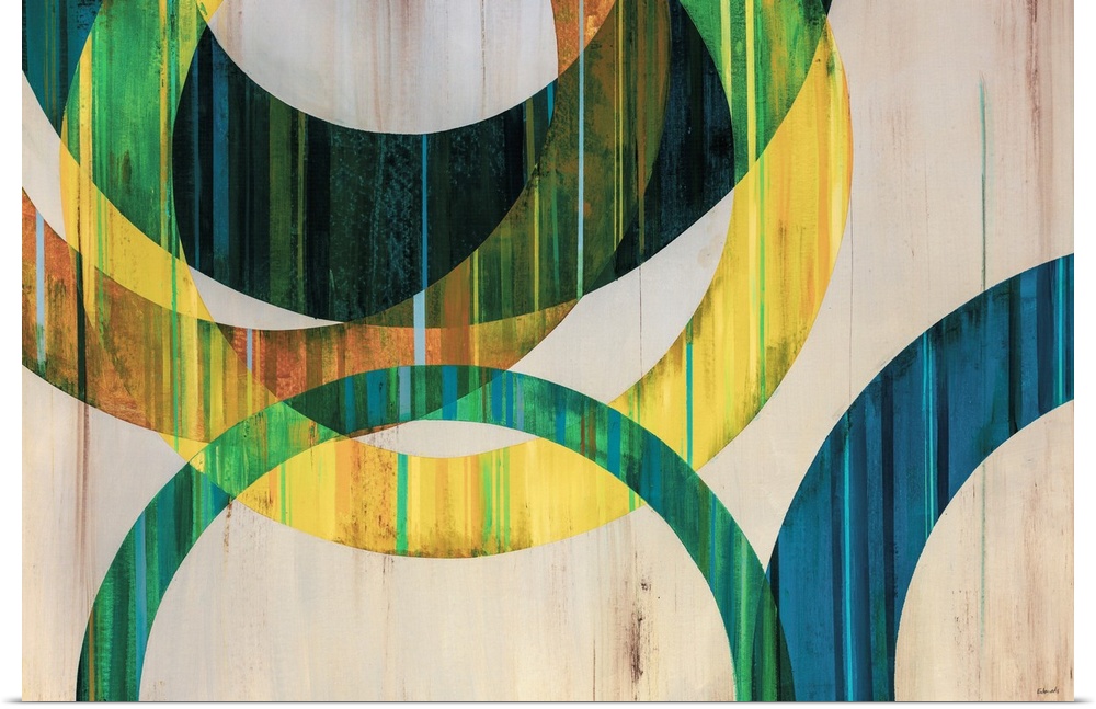 Modern abstract art of circular rings painting in shades of blue, green, yellow, and orange over a netural background.
